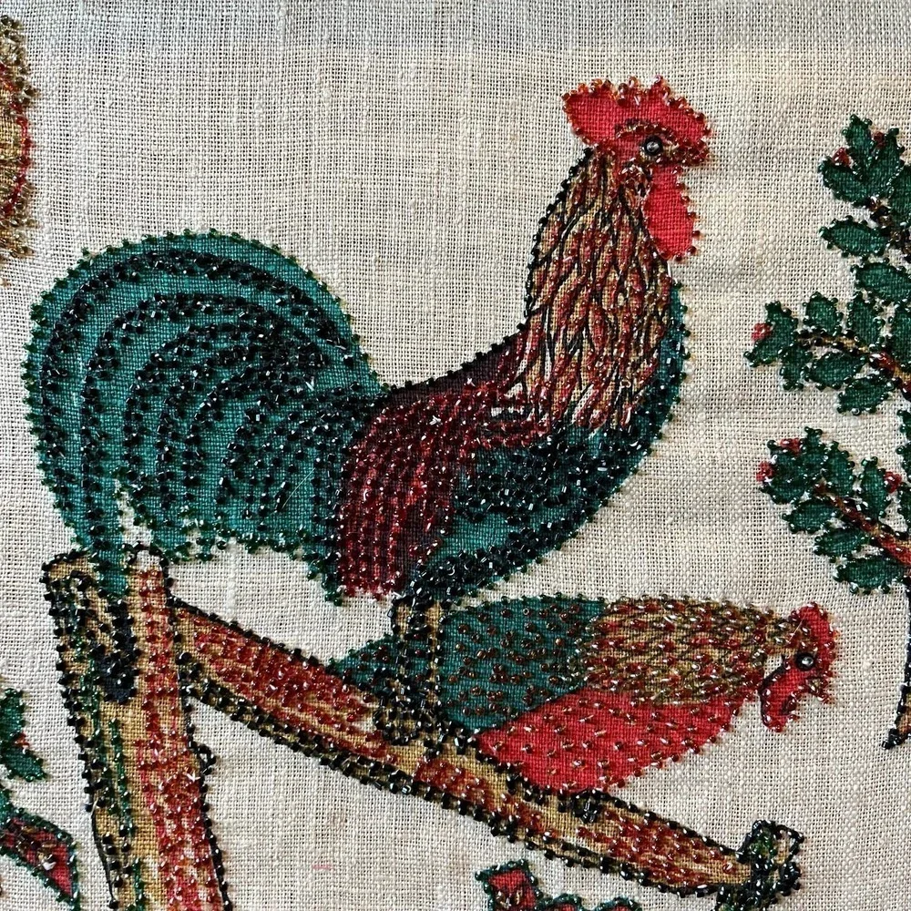 VTG Rooster Liquid Embroidery Woven Linen Pen Art w/Beaded Embellishment - Picture 2 of 12